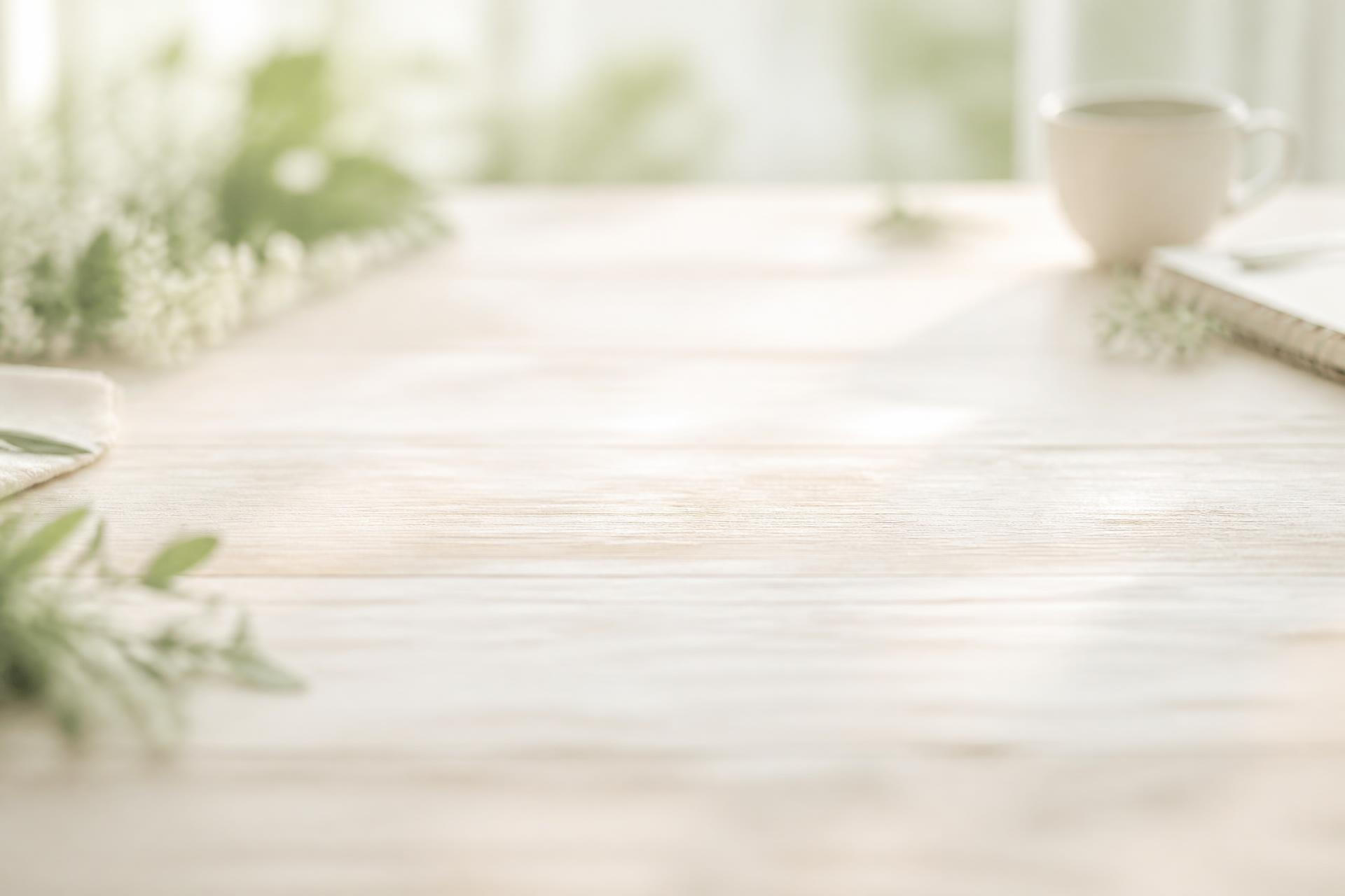 Bright sunlit wooden table with a pale mug, notebook and fresh herbs